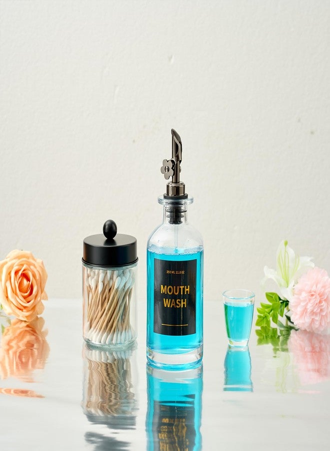 MUVEKA Glass Mouthwash Dispenser Bottle for Bathroom, 11.8oz Mouthwash Decanter with Auto Spout, Stianless Steel Tray, Refillable Cups, Silicone Strips, Reusable Funnel, Golden Stickers, Qtip Holder - Image 5